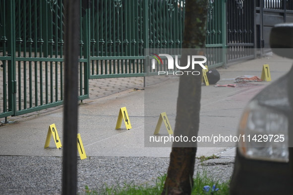 Evidence markers are being placed at the scene of the fatal shooting of a 28-year-old male in the Bronx, New York. A 28-year-old male victim...