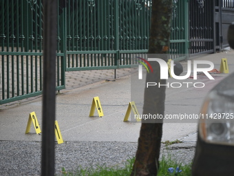 Evidence markers are being placed at the scene of the fatal shooting of a 28-year-old male in the Bronx, New York. A 28-year-old male victim...