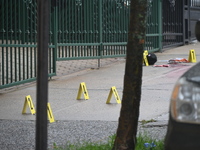 Evidence markers are being placed at the scene of the fatal shooting of a 28-year-old male in the Bronx, New York. A 28-year-old male victim...