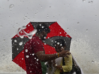 Visitors are reacting to sea waves at the Marine Drive promenade during high tide in Mumbai, India, on July 23, 2024. (