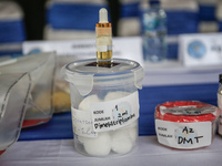 Indonesian National Narcotic Agency (BNN) officers are displaying evidence after a raid of a drug lab, during a press conference in Gianyar,...