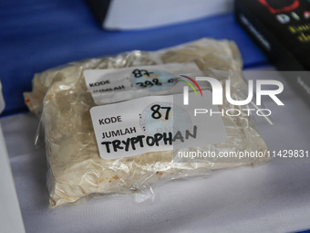 Indonesian National Narcotic Agency (BNN) officers are displaying evidence after a raid of a drug lab, during a press conference in Gianyar,...