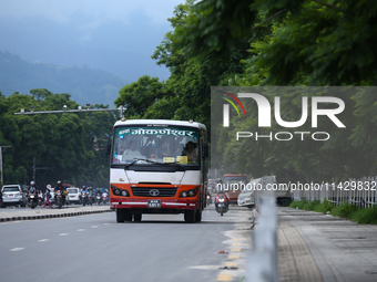 Vehicles are plying on the road of Lalitpur, Nepal, on July 23, 2024, against the backdrop of plants planted on the roadside that have turne...