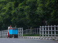 A Nepali vendor is pushing her cart through the roads of Lalitpur, Nepal, on July 23, 2024, against the backdrop of plants planted on the ro...