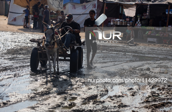 Palestinians are riding a donkey-drawn cart past a garbage dump and sewage water on a street in Deir el-Balah in the central Gaza Strip, on...