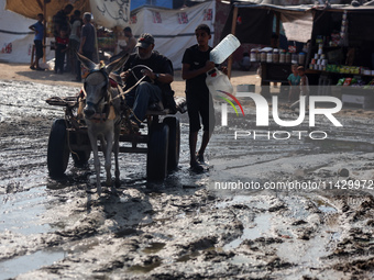 Palestinians are riding a donkey-drawn cart past a garbage dump and sewage water on a street in Deir el-Balah in the central Gaza Strip, on...