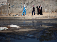 Palestinians are walking past a pool of sewage water on a street in Deir el-Balah in the central Gaza Strip on July 23, 2024, as municipal i...