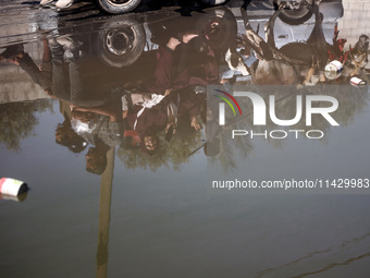 Palestinians are walking past a pool of sewage water on a street in Deir el-Balah in the central Gaza Strip on July 23, 2024, as municipal i...