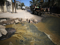 Palestinians are walking past sewage water and a garbage dump on a street in Deir el-Balah in the central Gaza Strip, on July 23, 2024, as m...