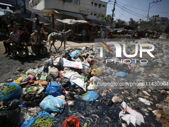 Palestinians are riding a donkey-drawn cart past a garbage dump and sewage water on a street in Deir el-Balah in the central Gaza Strip, on...