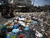 Palestinians are riding a donkey-drawn cart past a garbage dump and sewage water on a street in Deir el-Balah in the central Gaza Strip, on...