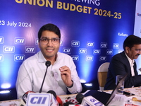 Shashwat Goenka, Deputy Chairman of the Confederation of Indian Industry (CII) and Vice Chairman of RPSG Group, is addressing media conferen...