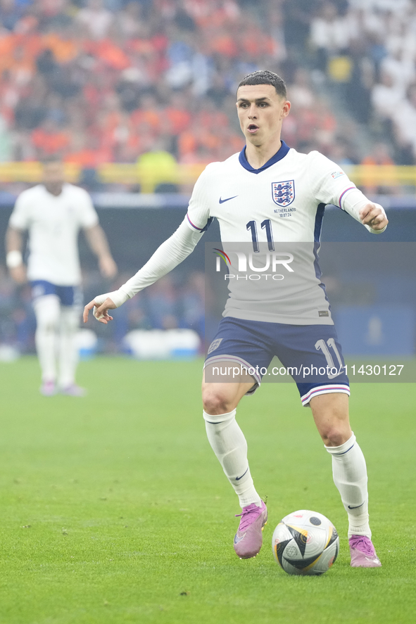 Phil Foden right winger of England and Manchester City during the UEFA EURO 2024 semi-final match between Netherlands and England at Footbal...