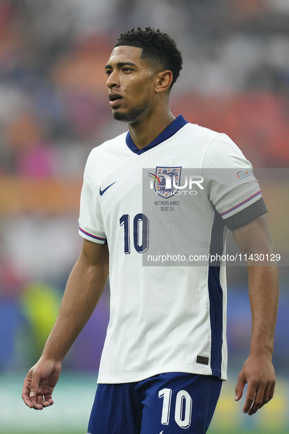 Jude Bellingham attacking midfield of England and Real Madrid during the UEFA EURO 2024 semi-final match between Netherlands and England at...