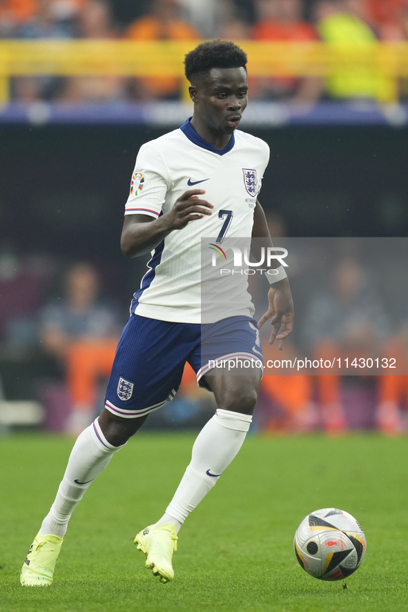 Bukayo Saka right winger of England and Arsenal FC during the UEFA EURO 2024 semi-final match between Netherlands and England at Football St...