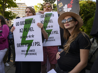 People are holding placards with Poland's Women's Strike thunder logo as they are taking part in a rally in favor of free and safe abortion...