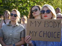 Women are holding a sign as they are taking part in a rally in favor of free and safe abortion in Warsaw, Poland, on July 23, 2024. Hundreds...