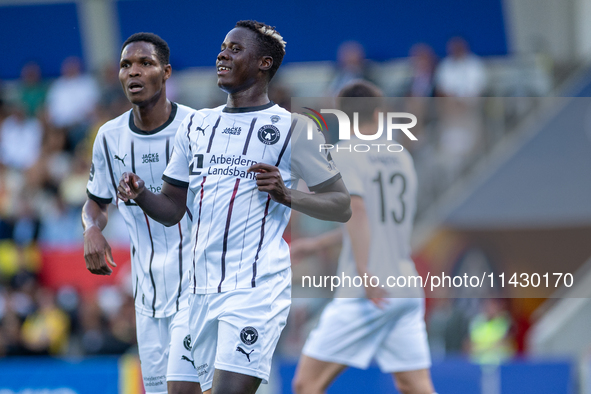 FC Midjylland DEN is celebrating after the first phase of the UEFA Champions League Qualification 2024-2025 match between UD Santa Coloma AN...