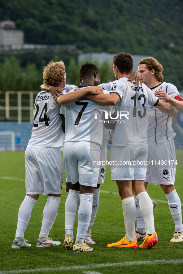 FC Midjylland DEN is celebrating after the first phase of the UEFA Champions League Qualification 2024-2025 match between UD Santa Coloma AN...