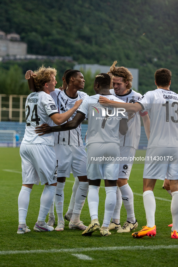 FC Midjylland DEN is celebrating after the first phase of the UEFA Champions League Qualification 2024-2025 match between UD Santa Coloma AN...