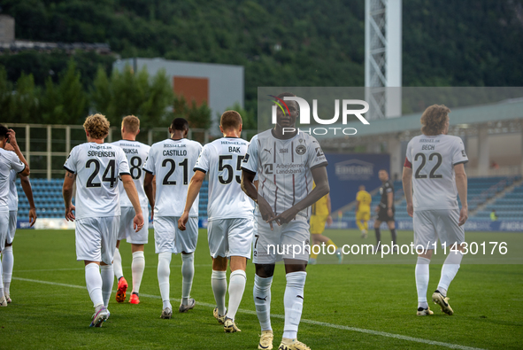 FC Midjylland DEN is celebrating after the first phase of the UEFA Champions League Qualification 2024-2025 match between UD Santa Coloma AN...