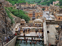 A view of Shrine Galta Peeth Tirtha, also famous as 'Galta Ji temple' and 'Monkey temple,' in Jaipur, Rajasthan, India, on Tuesday, July 23,...