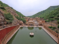 A view of Shrine Galta Peeth Tirtha, also famous as 'Galta Ji temple' and 'Monkey temple,' in Jaipur, Rajasthan, India, on Tuesday, July 23,...