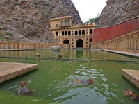 Macaques are cooling off in the holy pond 'Kund' of Shrine Galta Peeth Tirtha, also known as 'Galta Ji temple' and 'Monkey temple', in Jaipu...