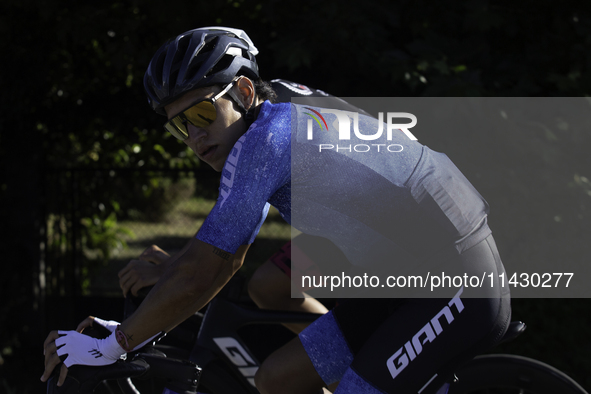 Aram Michell Penaflor Moysen is training with the Mexican triathlon team during their cycling session for the Paris Olympic Games in Lugo, G...