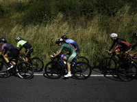 Members of the Mexican triathlon team are cycling during their training for the Paris Olympic Games in Lugo, Galicia, Spain, on July 23, 202...