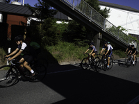 Members of the Mexican triathlon team are cycling during their training for the Paris Olympic Games in Lugo, Galicia, Spain, on July 23, 202...