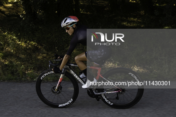 Rosa Maria Tapia Vidal is cycling during her training for the Paris Olympic Games in Lugo, Galicia, Spain, on July 23, 2024. 