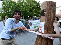 Madrid residents are demonstrating against the City Council's decision to cut down the trees in Plaza de Santa Ana to expand an underground...