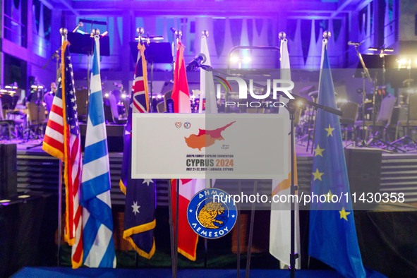 The podium is being seen before the ceremony in Limassol, Cyprus, on July 22, 2024. The AHEPA (American Hellenic Educational Progressive Ass...