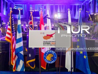 The podium is being seen before the ceremony in Limassol, Cyprus, on July 22, 2024. The AHEPA (American Hellenic Educational Progressive Ass...