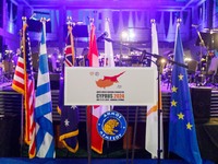 The podium is being seen before the ceremony in Limassol, Cyprus, on July 22, 2024. The AHEPA (American Hellenic Educational Progressive Ass...