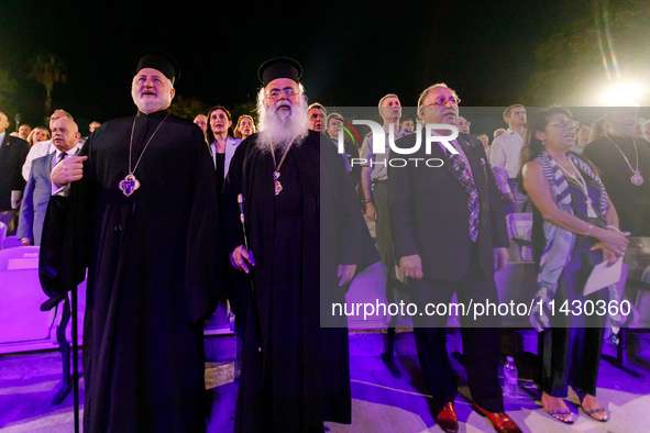 Archbishop ELPIDOPHOROS of America (L), Archbishop GEORGE of Cyprus (M), and Supreme President SAVAS TSIVICOS (R) are being seen during the...