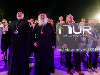 Archbishop ELPIDOPHOROS of America (L), Archbishop GEORGE of Cyprus (M), and Supreme President SAVAS TSIVICOS (R) are being seen during the...