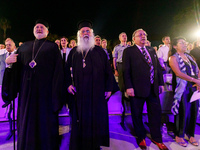 Archbishop ELPIDOPHOROS of America (L), Archbishop GEORGE of Cyprus (M), and Supreme President SAVAS TSIVICOS (R) are being seen during the...