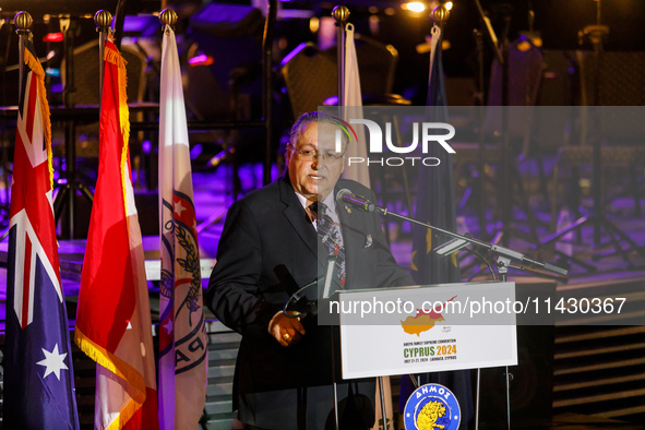 Supreme President SAVAS TSIVICOS is giving his speech during the ceremony in Limassol, Cyprus, on July 22, 2024. The AHEPA (American Helleni...