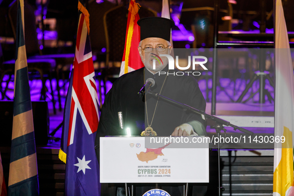 Archbishop ELPIDOPHOROS of America (L) is giving his speech during the ceremony in Limassol, Cyprus, on July 22, 2024. The AHEPA (American H...