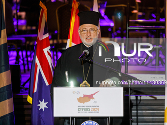 Archbishop ELPIDOPHOROS of America (L) is giving his speech during the ceremony in Limassol, Cyprus, on July 22, 2024. The AHEPA (American H...