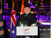 Archbishop ELPIDOPHOROS of America (L) is giving his speech during the ceremony in Limassol, Cyprus, on July 22, 2024. The AHEPA (American H...