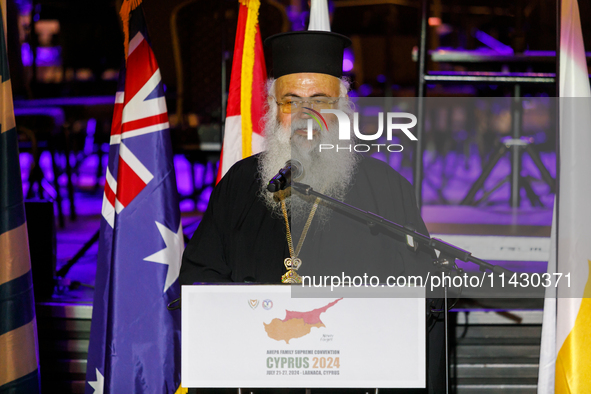 Archbishop GEORGE of Cyprus is giving his speech during the ceremony in Limassol, Cyprus, on July 22, 2024. The AHEPA (American Hellenic Edu...