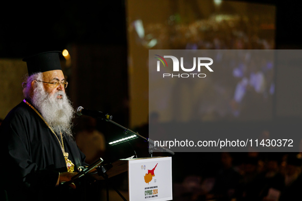 Archbishop GEORGE of Cyprus is giving his speech during the ceremony in Limassol, Cyprus, on July 22, 2024. The AHEPA (American Hellenic Edu...