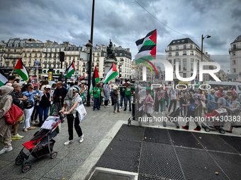 A demonstration is taking place in support of Palestine to stop the genocide of Palestinians and to exclude Israel from the Paris Olympics a...