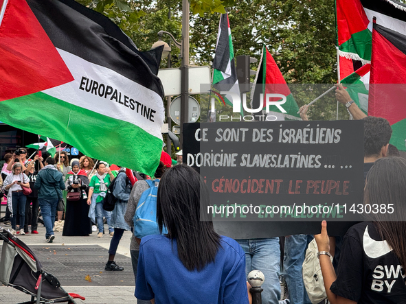 A demonstration is taking place in support of Palestine to stop the genocide of Palestinians and to exclude Israel from the Paris Olympics a...