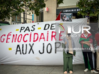 A demonstration is taking place in support of Palestine to stop the genocide of Palestinians and to exclude Israel from the Paris Olympics a...