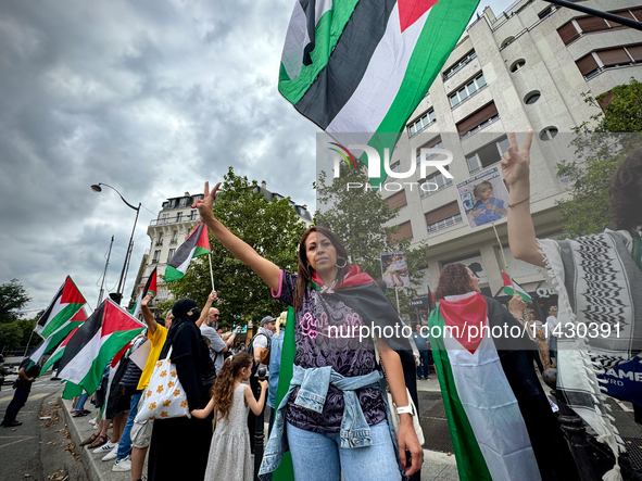 A demonstration is taking place in support of Palestine to stop the genocide of Palestinians and to exclude Israel from the Paris Olympics a...