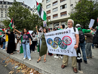 A demonstration is taking place in support of Palestine to stop the genocide of Palestinians and to exclude Israel from the Paris Olympics a...